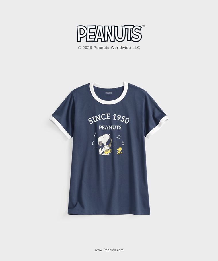 聯名系列T恤-WOMEN：女 · 史努比系列羅紋配色印花T恤-15