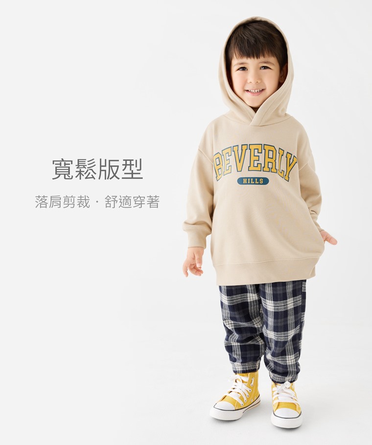 文字毛圈寬版印花連帽衫-05-童