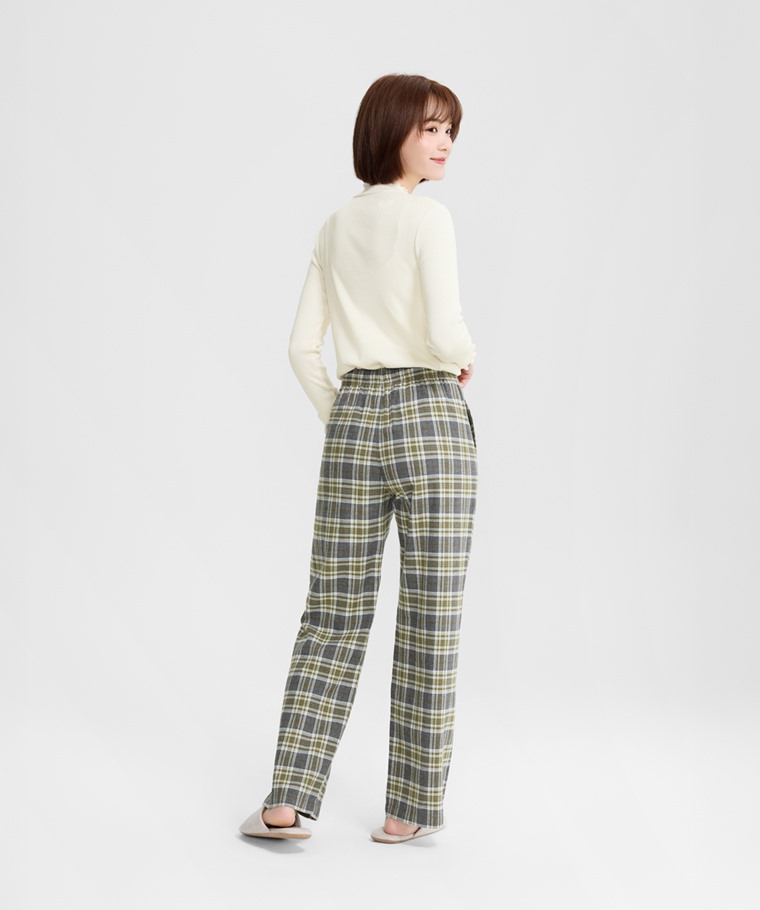 法蘭絨格紋長褲-女