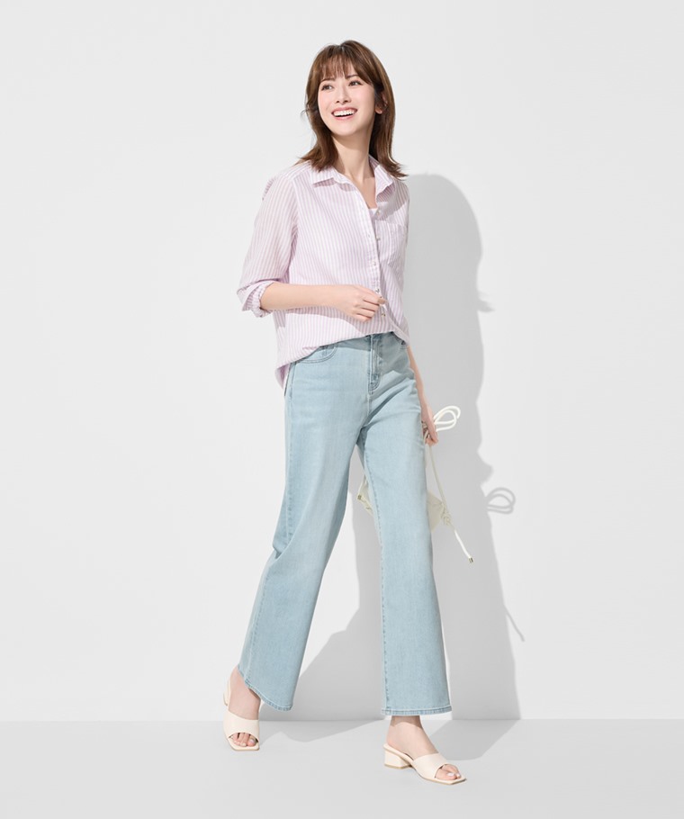 棉麻條紋長版襯衫-女