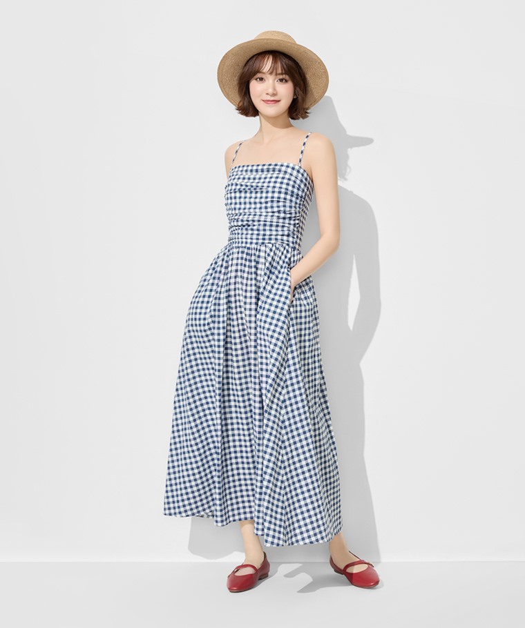 平口可拆式細肩帶格紋洋裝-女