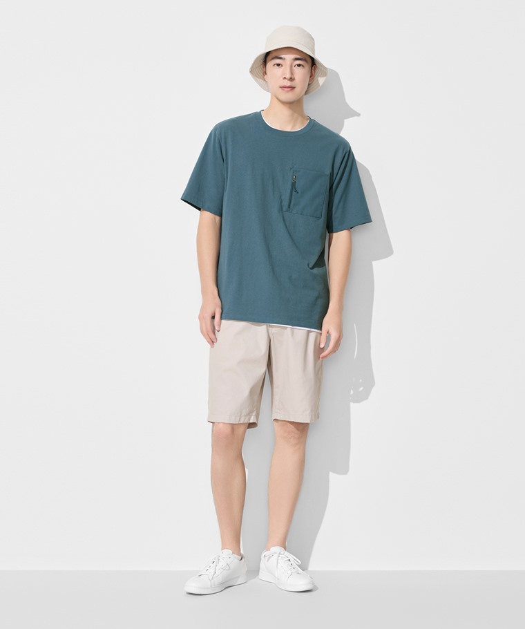 純棉厚寬版拉鍊袋五分袖T恤-男