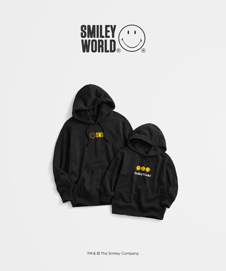 親子/情侶系列：男 · S.W.SMILEY®刷毛印花連帽衫-02,童 · SmileyWorld®毛圈寬版印花連帽衫-02