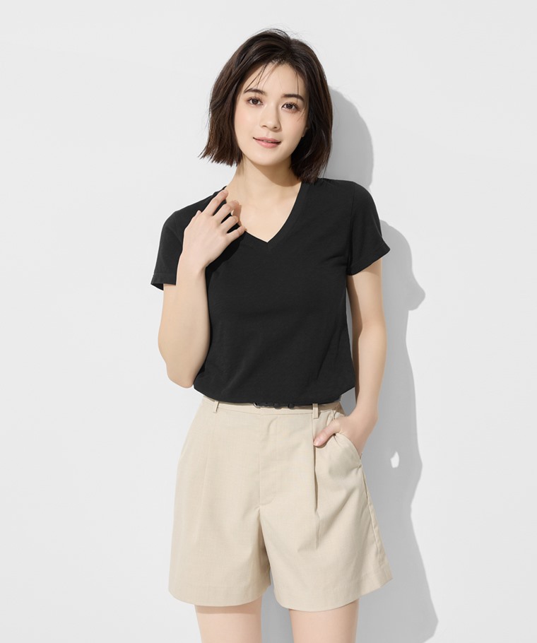竹節棉V領T恤-女