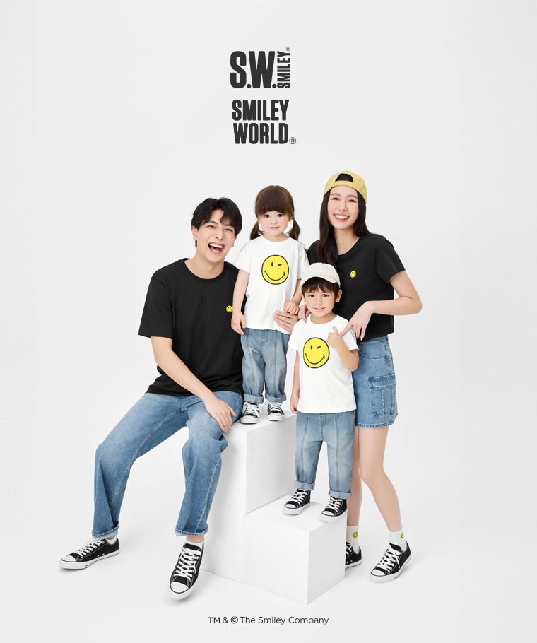 親子/情侶系列：女 · S.W.SMILEY®印花T恤-01,男 · S.W.SMILEY®印花T恤-01,童 · SmileyWorld®印花T恤-01,女 · S.W.SMILEY®中筒襪,女 · 棉質經典帆布休閒鞋,女 · 工裝牛仔連褲短裙,男 · 棉質經典帆布休閒鞋,Baby · 牛仔剪接錐形褲,男 · 寬版牛仔褲