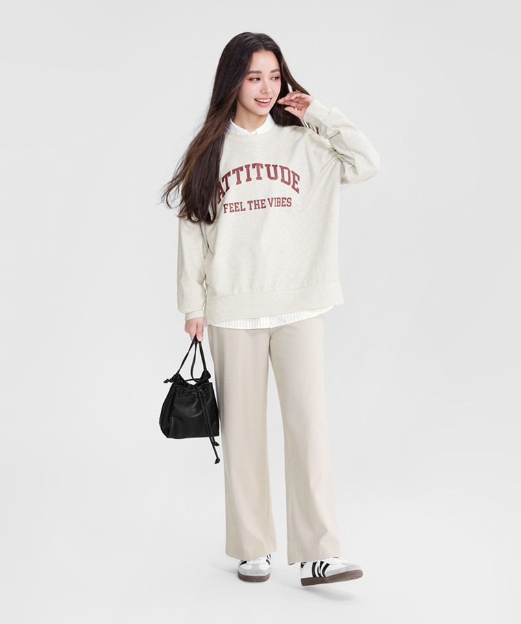 小毛圈寬版文字印花圓領衫-女