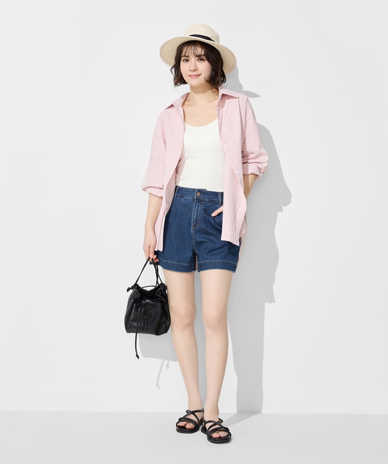 打褶牛仔短褲-女