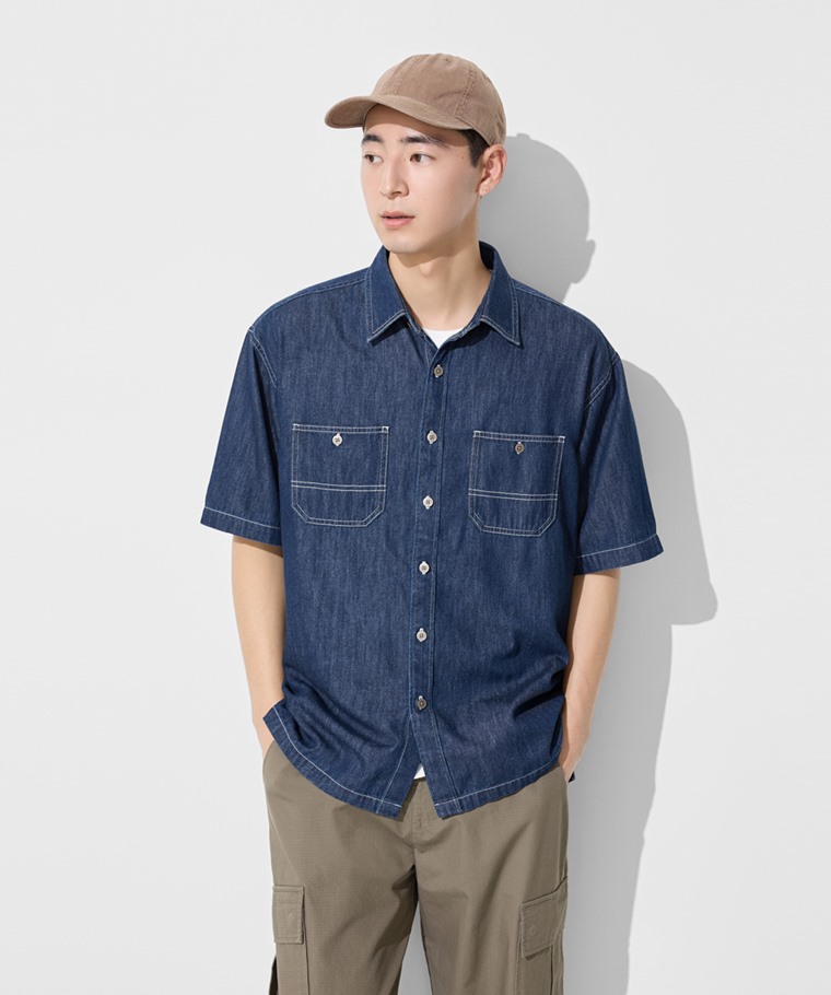 牛仔寬版短袖襯衫-男