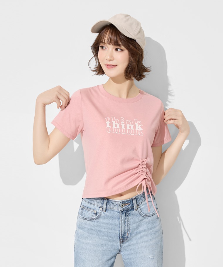 春夏女裝新品：女 · 柔滑棉文字印花抽繩上衣