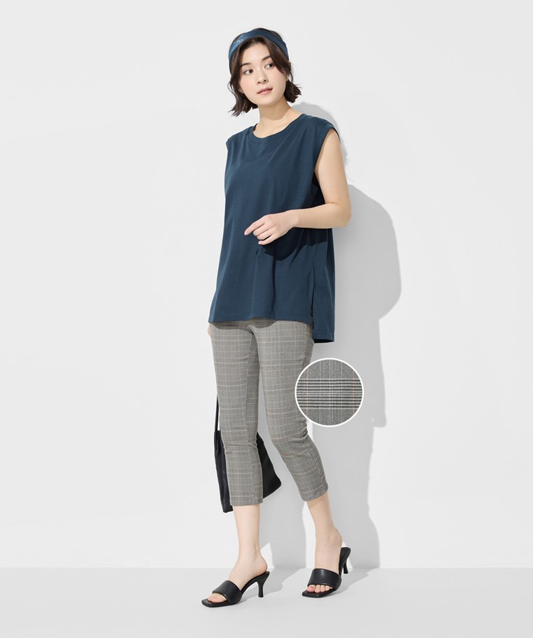 彈力格紋七分緊身褲-女