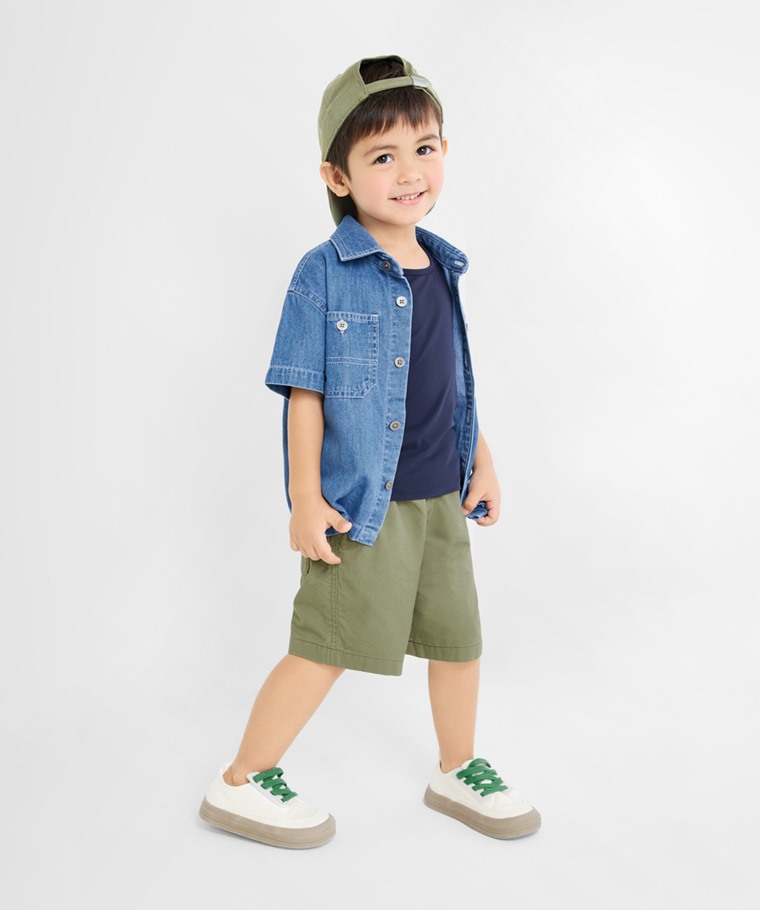 春夏童裝新品：童 · 純棉五分褲,童 · 輕涼圓領短袖T恤,童 · 牛仔寬版短袖襯衫