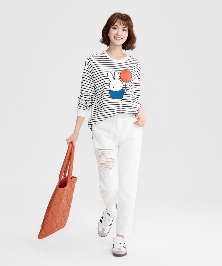 Miffy寬長版條紋長袖印花T恤-02-女