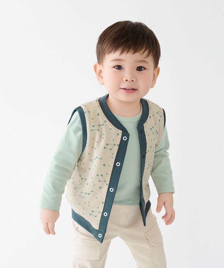 秋冬嬰幼兒新品：Baby · 棉質雙面穿星星印花背心,Baby · 磨毛羅紋圓領長袖T恤