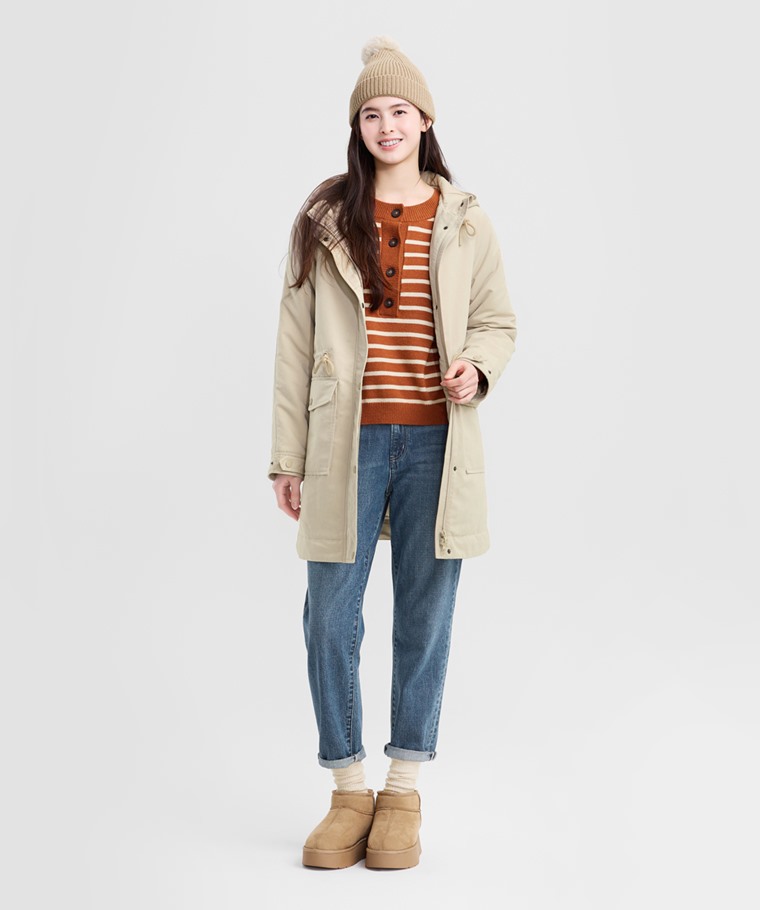 鋪棉連帽長版外套-女