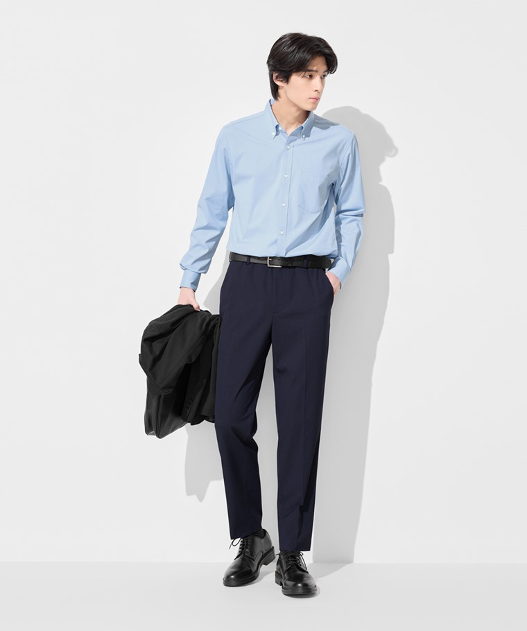 職場穿搭推薦：男 · 彈性西裝長褲,男 · 商務彈性修身長袖襯衫,素面單色長襪,男 · 紳士皮帶,男 · 舒適西裝外套