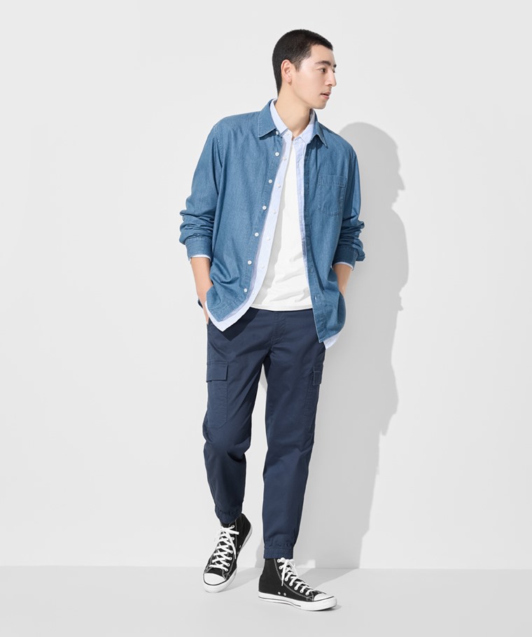 春夏男裝新品：男 · 輕型棉質工裝束口褲,男 · 牛津條紋長袖襯衫,男 · 純棉圓領T恤,男 · 輕型牛仔長袖襯衫