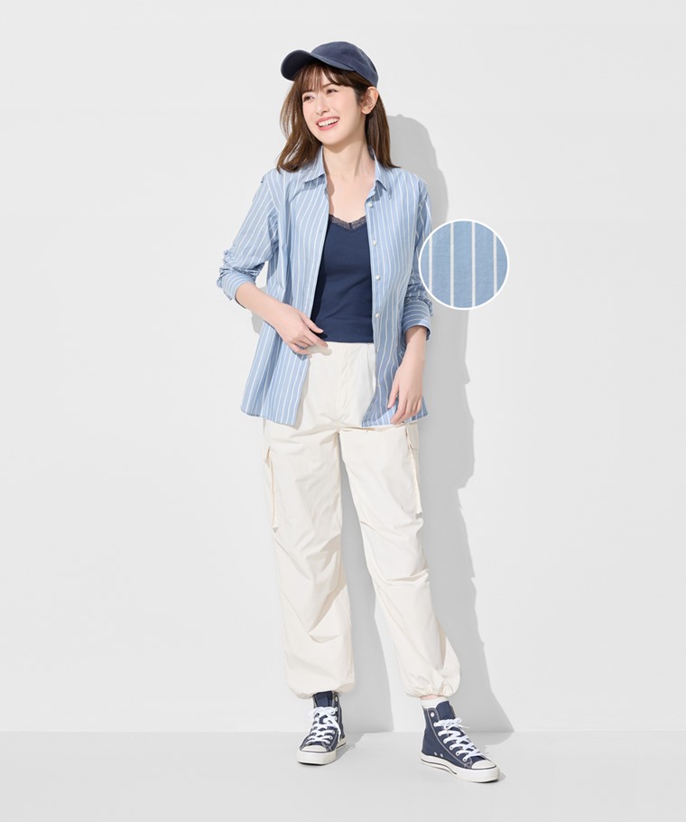 柔棉條紋長袖襯衫-女