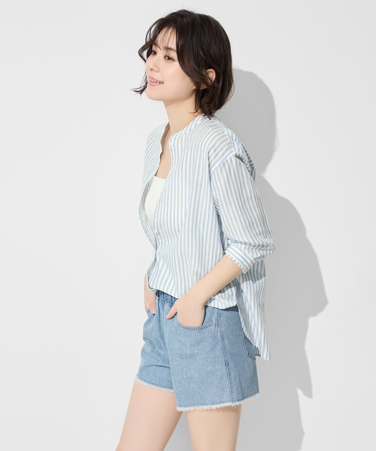 精選女裝推薦：女 · 純棉牛仔輕便短褲,女 · 棉麻條紋七分袖襯衫