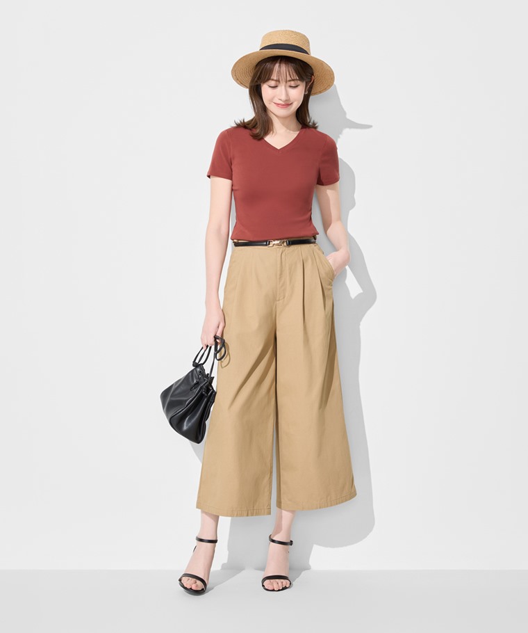 棉質羅紋V領T恤-女