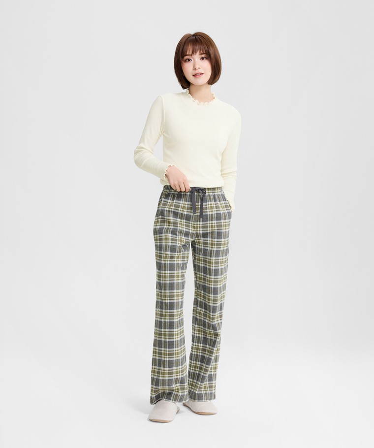 法蘭絨格紋長褲-女