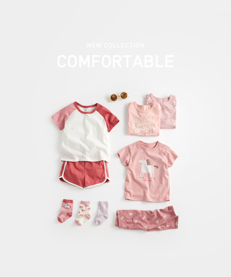 春夏嬰幼兒新品：Baby · 動物印花T恤-04,Baby · 純棉拼色套裝,Baby · 提花中筒襪(3入),Baby · 純棉碎花兔兔印花連身衣,Baby · 彈力印花九分內搭褲-01