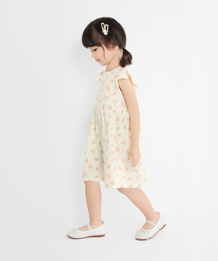 竹節棉荷葉袖花卉洋裝-童