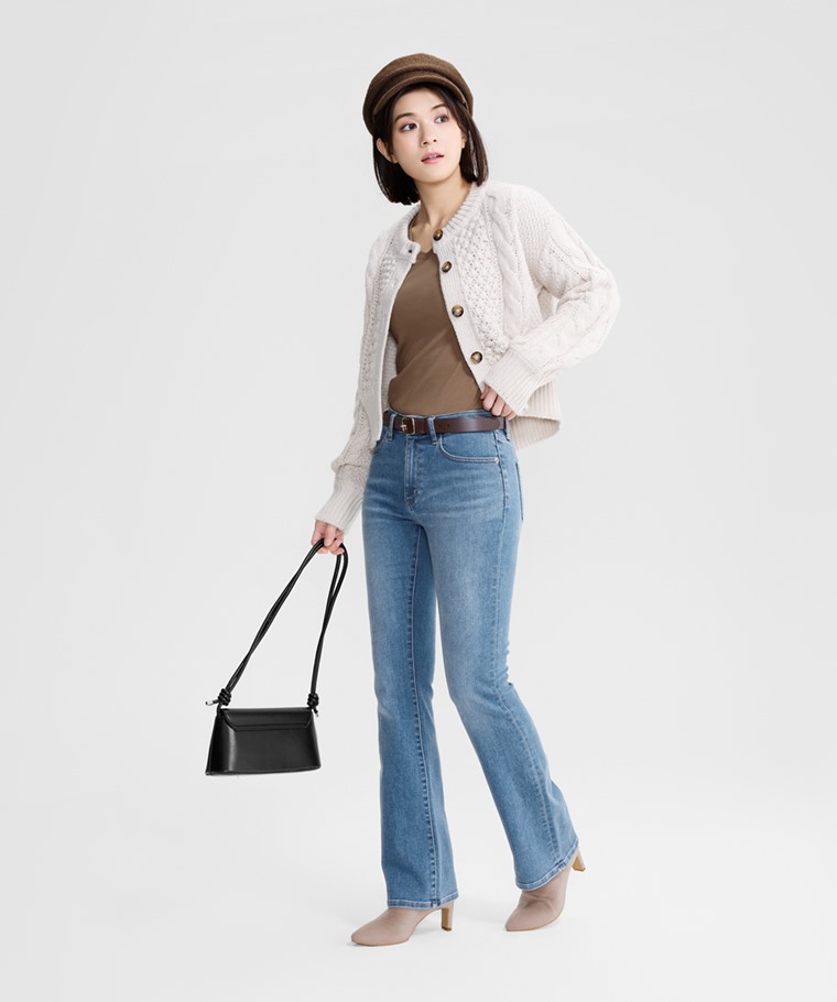 棉質羅紋V領七分袖T恤-女