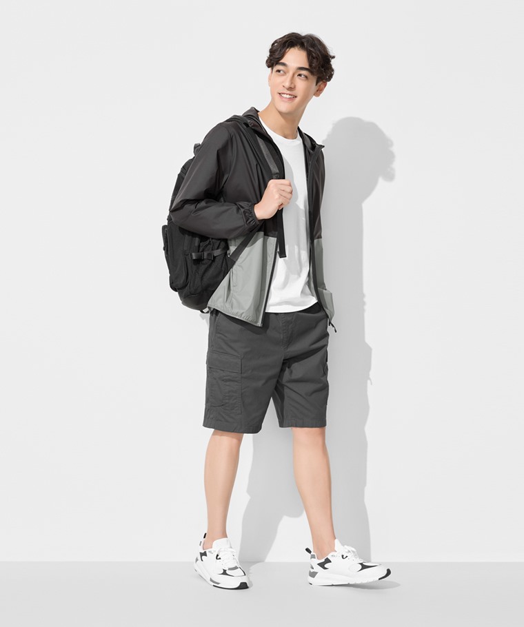 春夏男裝新品：男 · 抗UV輕型配色風衣外套,男 · 純棉圓領T恤,男 · 鬆緊工裝短褲