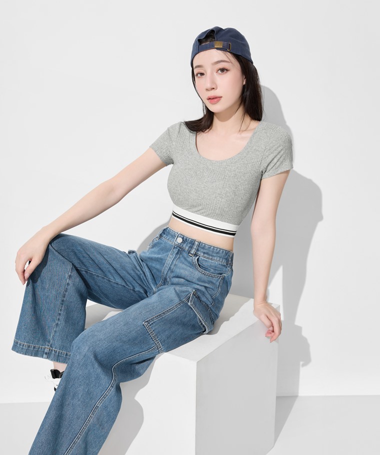 可拆式Bra莫代爾短版羅紋T恤-女