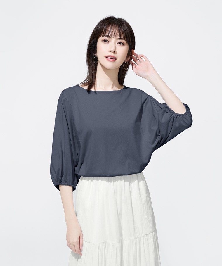 純棉寬鬆船領泡泡袖上衣-女
