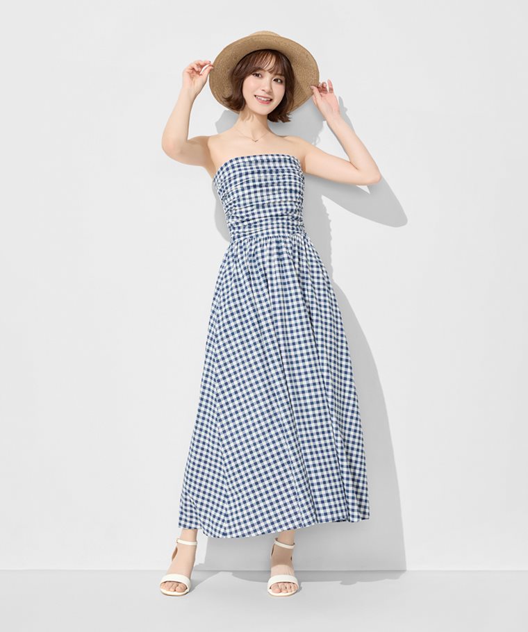 春夏女裝新品：女 · 平口可拆式細肩帶格紋洋裝