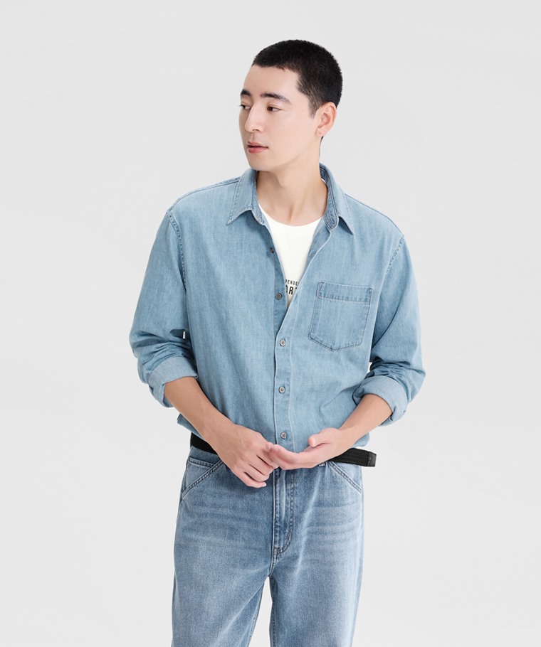 牛仔長袖襯衫-男 - 下襬圓弧曲線剪裁，更顯俐落有型。