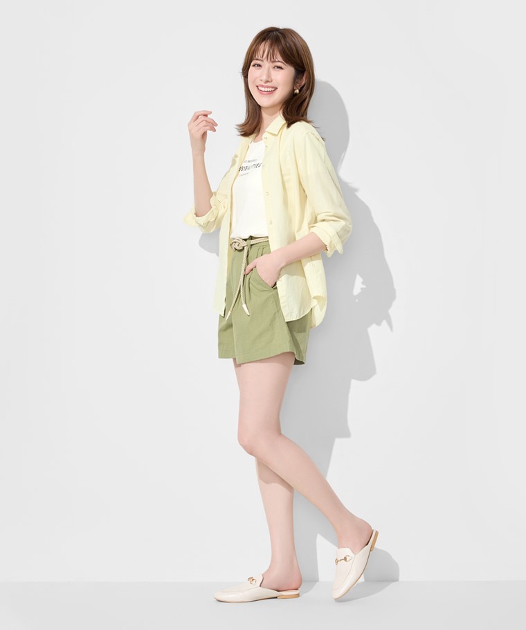 棉麻打褶短褲-女