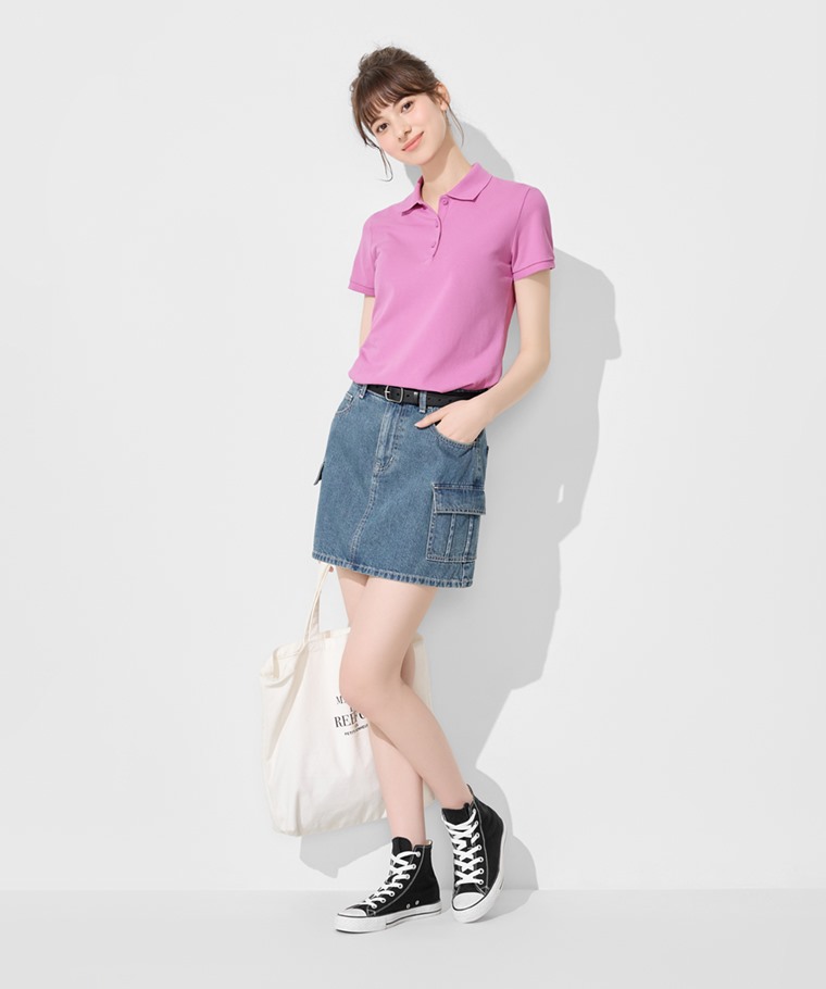 春夏女裝新品：女 · 棉質網眼彈性polo衫,女 · 牛仔工裝連褲短裙,女 · 簡約皮帶