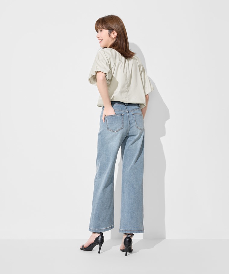 輕量排釦高腰牛仔寬褲-女