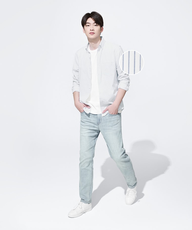 商務彈性條紋長袖襯衫-男