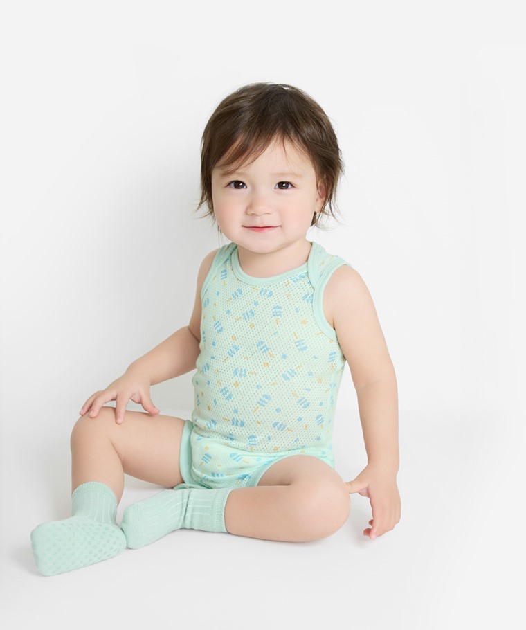 純棉網眼無袖印花包臀衣(2入)-Baby