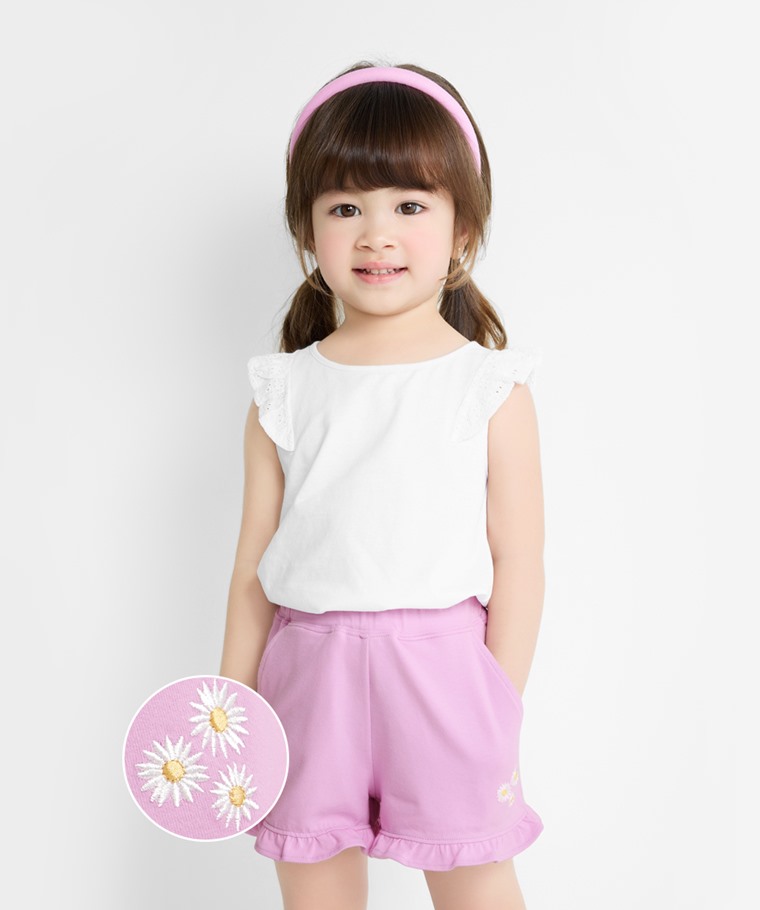 荷葉邊小花電繡鬆緊短褲-童