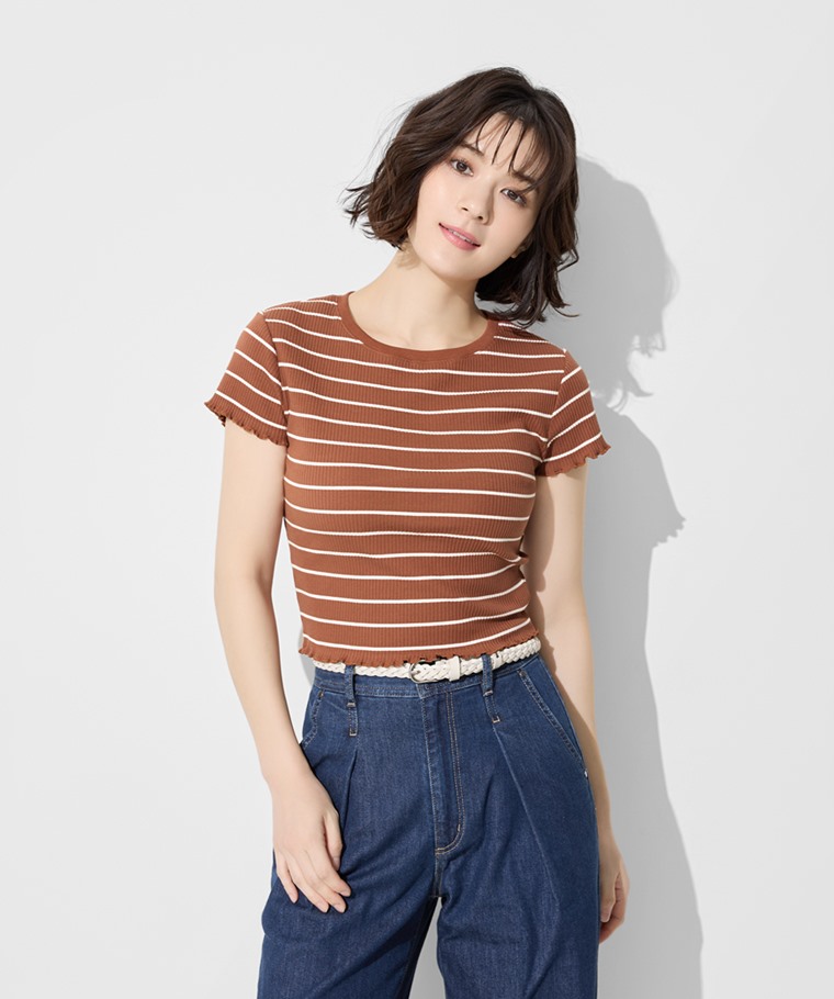 羅紋條紋木耳邊短版T恤-女