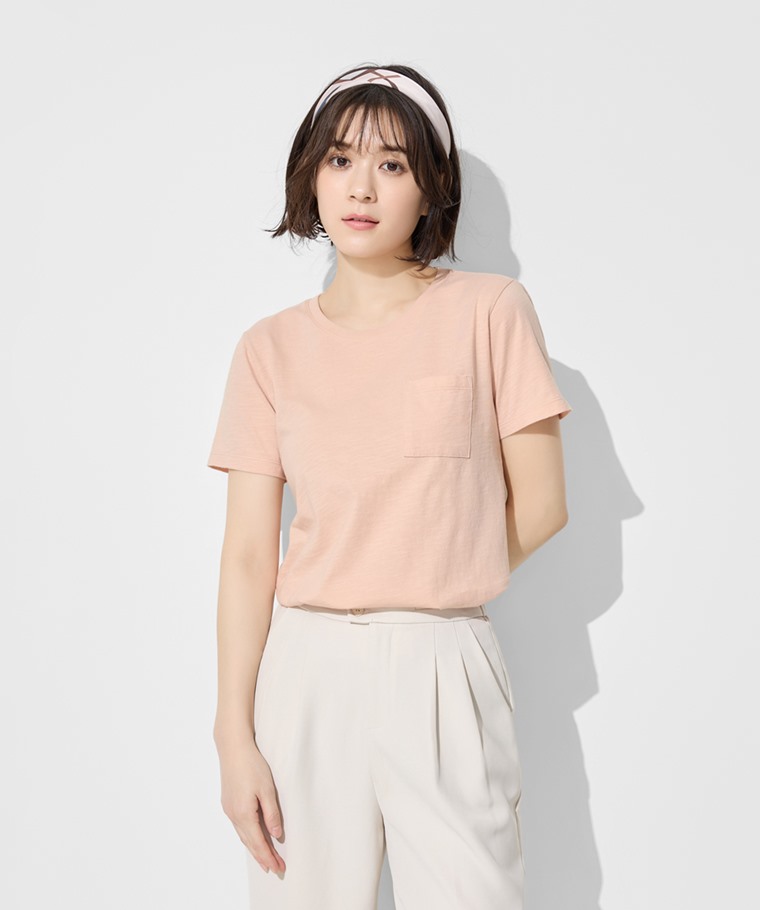竹節棉口袋短袖T恤-女