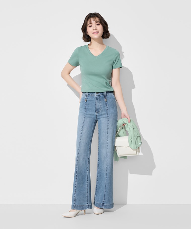 棉質羅紋V領T恤-女