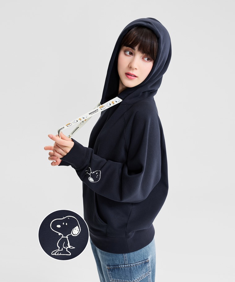 史努比系列刷毛印花織帶連帽衫-01-女