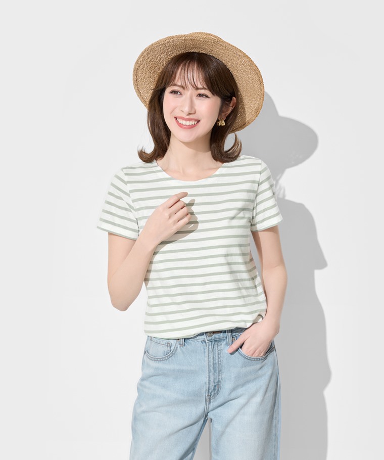 竹節棉條紋短袖T恤-女