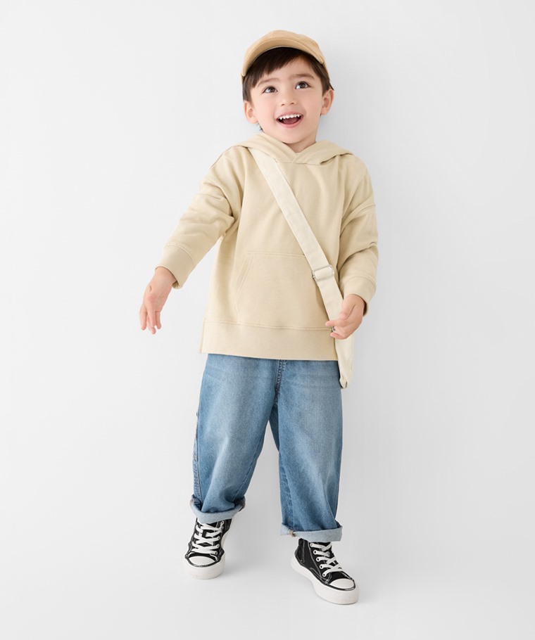 秋冬童裝新品：童 · 毛圈寬版連帽衫,童 · 棉質寬鬆牛仔畫家褲
