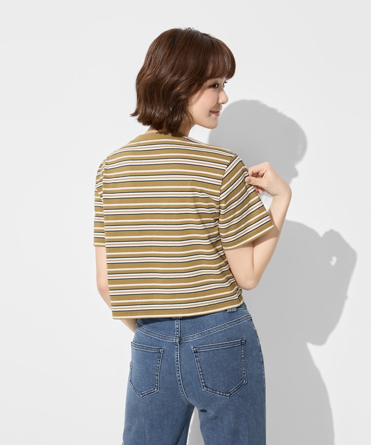 純棉短版條紋T恤-女
