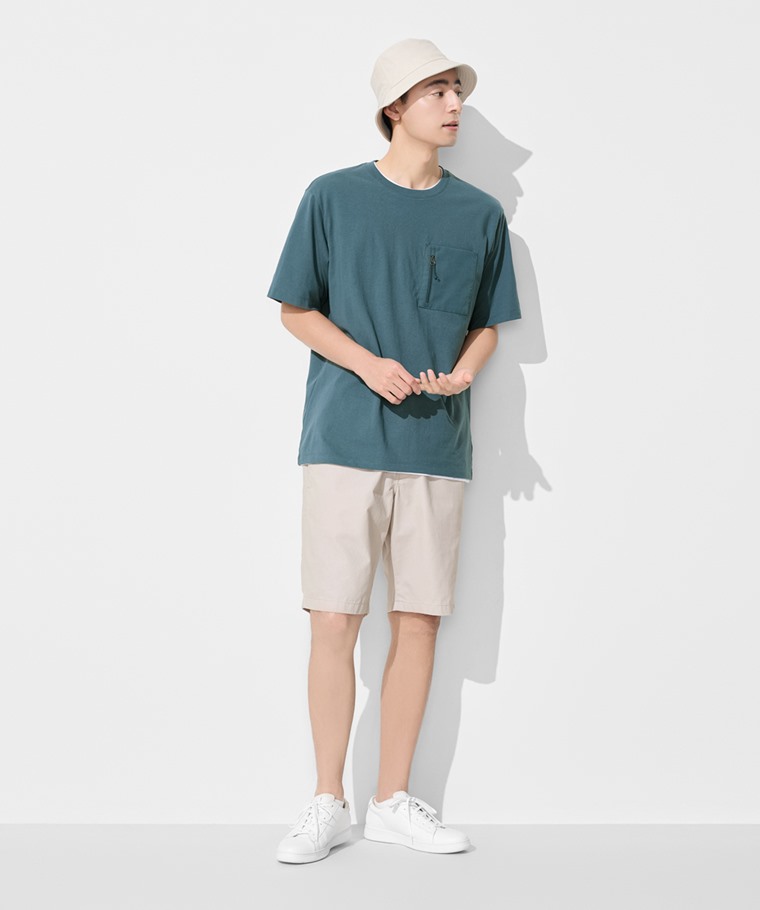 純棉厚寬版拉鍊袋五分袖T恤-男