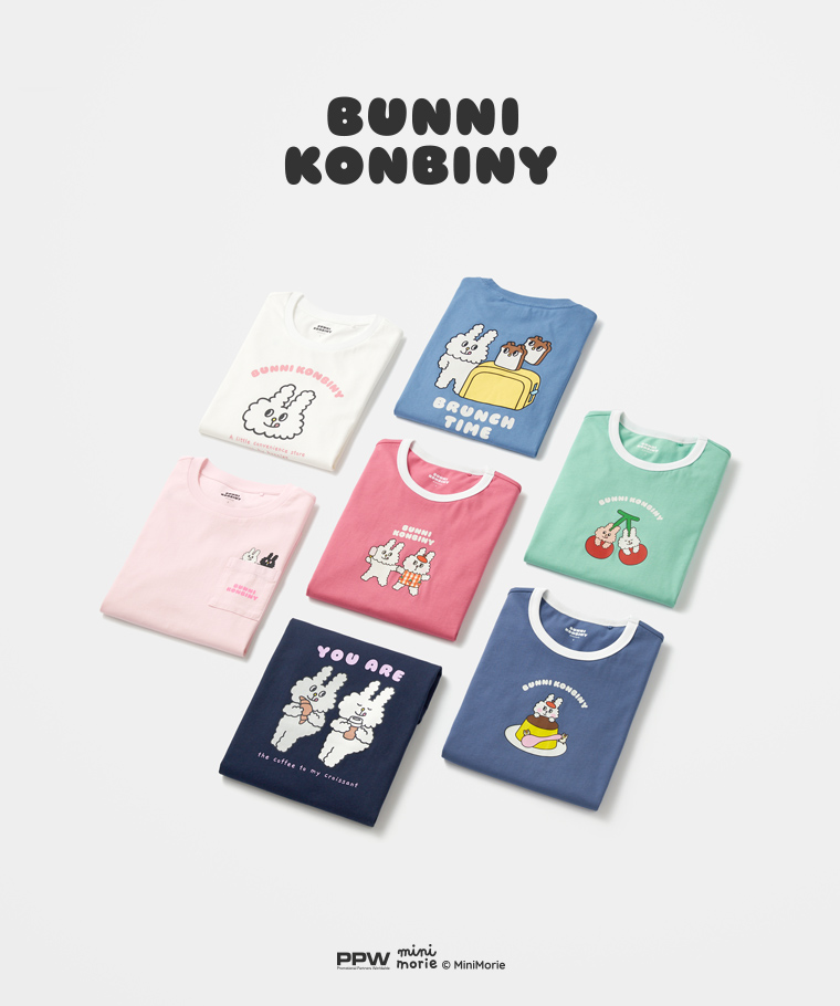 聯名系列T恤-WOMEN：女 · Bunni Konbiny印花T恤-01,女 · Bunni Konbiny口袋印花T恤-03,女 · Bunni Konbiny寬版印花T恤-06,女 · Bunni Konbiny羅紋配色印花T恤-04