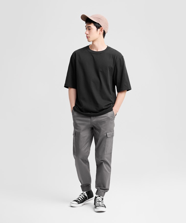 磨毛柔棉寬版五分袖T恤-男