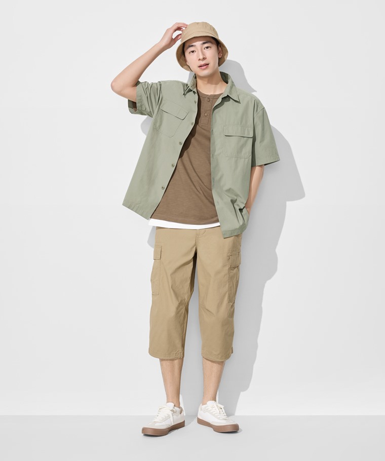 春夏男裝新品：男 · 棉質工裝七分褲,男 · 工裝寬版短袖襯衫,男 · 文字厚版印花T恤-04,男 · 竹節棉亨利領T恤,男 · 素色踝襪(3入)