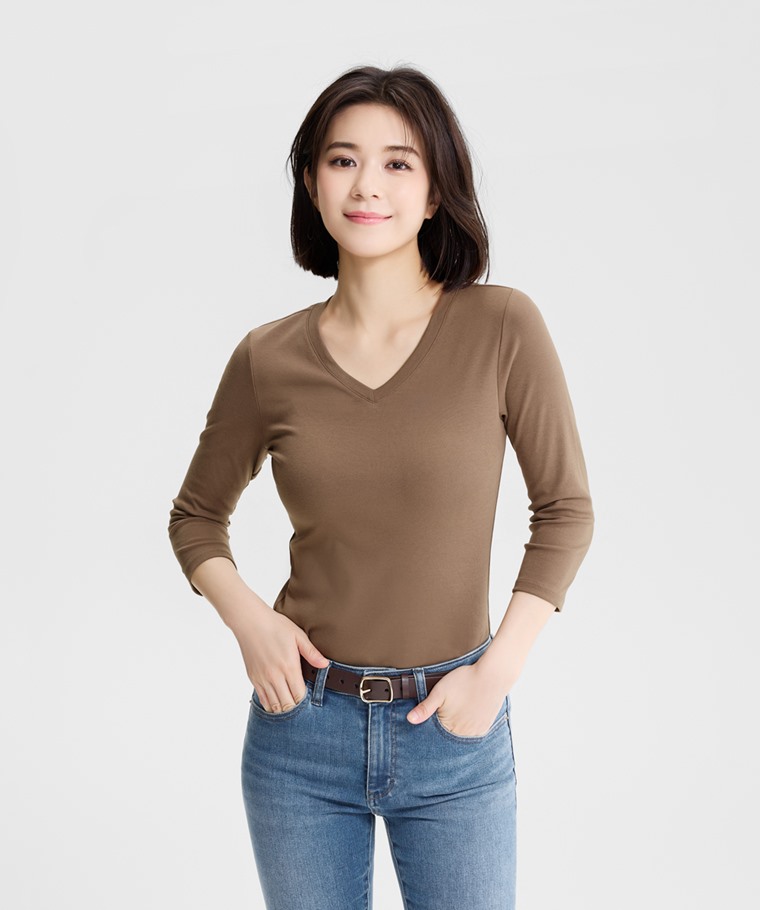 棉質羅紋V領七分袖T恤-女